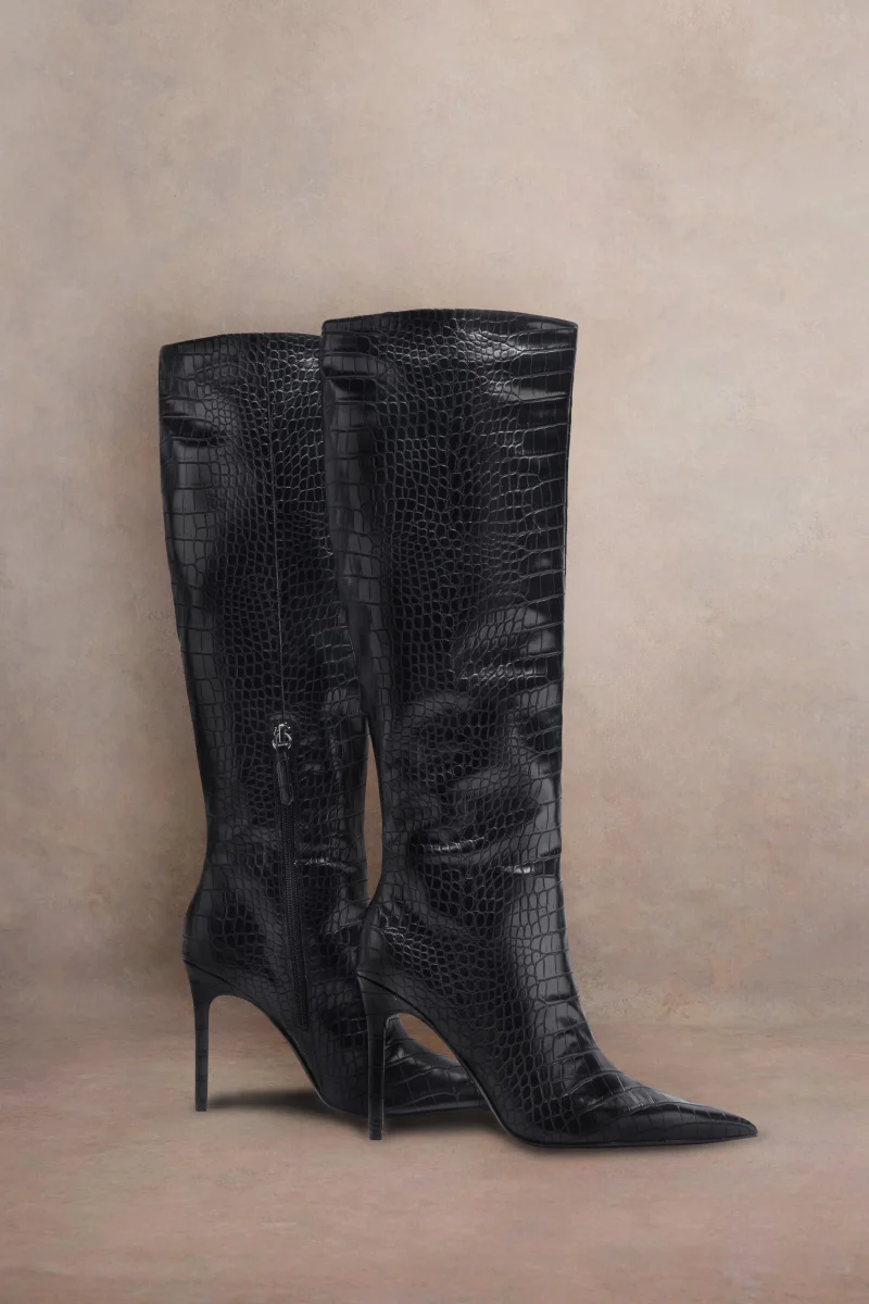 Uptown | Botas altas negras con estampado de cocodrilo de tacon fino