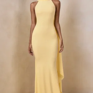 Cordy | Vestido Maxi Limón Con Escote Alto y Capa