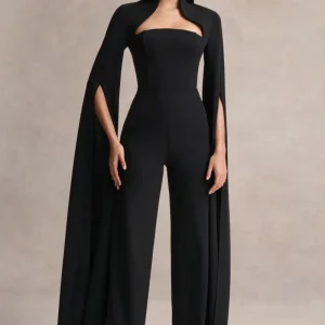 Elisabetta | Mono Negro de Escote Cuadrado con Mangas Tipo Capa
