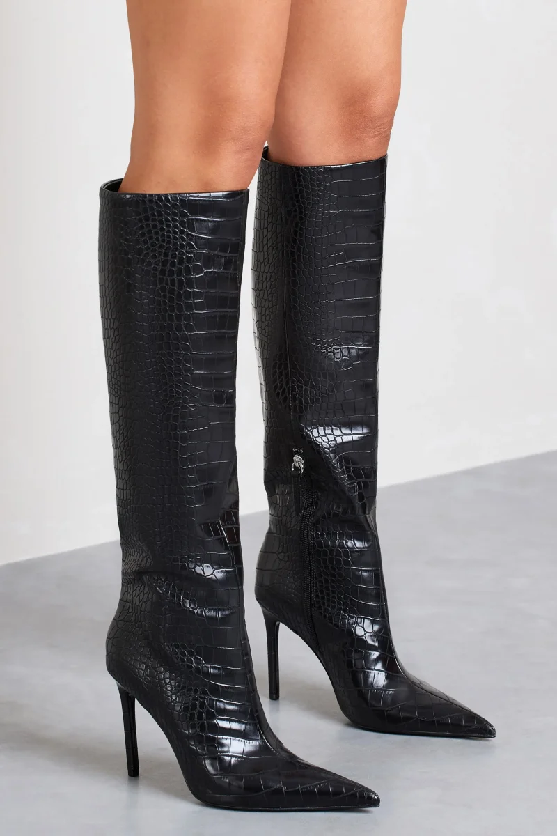 Uptown | Botas altas negras con estampado de cocodrilo de tacon fino - Imagen 3