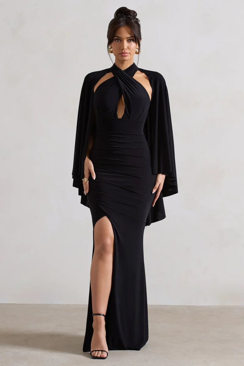 Audrina | Vestido Negro Largo con Pliegues, Cuello Halter, Abertura y Capa - Imagen 2