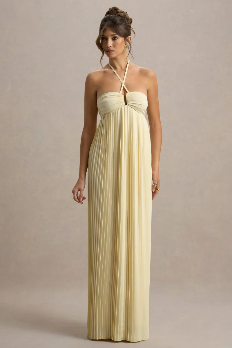 Elayne | Vestido largo con Escote Halter en amarillo pastel y Detalle Cut-Out - Imagen 6