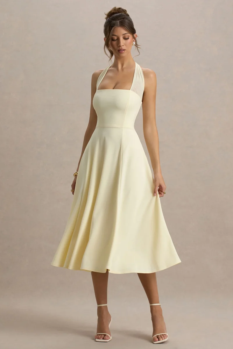 Auburn | Vestido midi amarillo pastel con escote halter de malla con lazo - Imagen 4