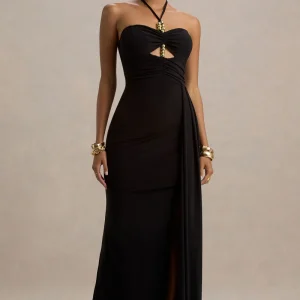 Mohito | Vestido negro largo con escote halter y aberturas
