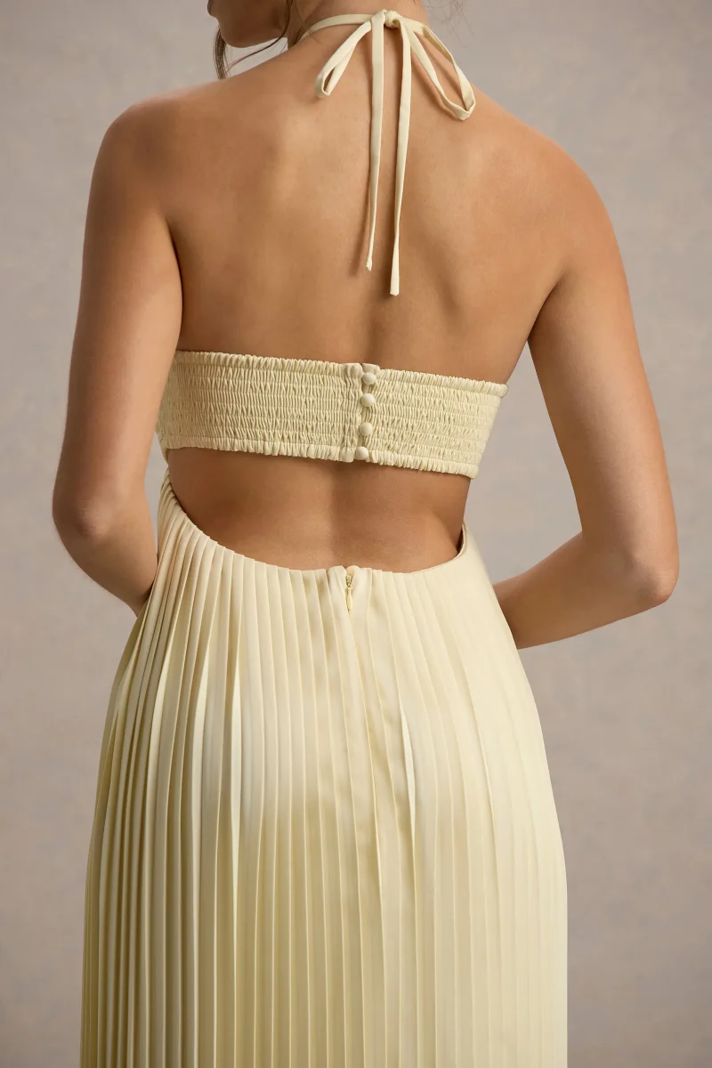 Elayne | Vestido largo con Escote Halter en amarillo pastel y Detalle Cut-Out - Imagen 5