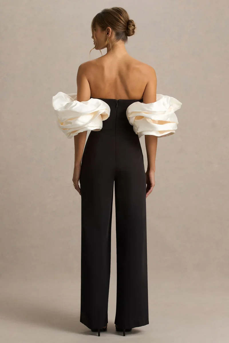 Panama | Mono Negro Con Escote Bardot y Mangas Abullonadas en Crema - Imagen 3